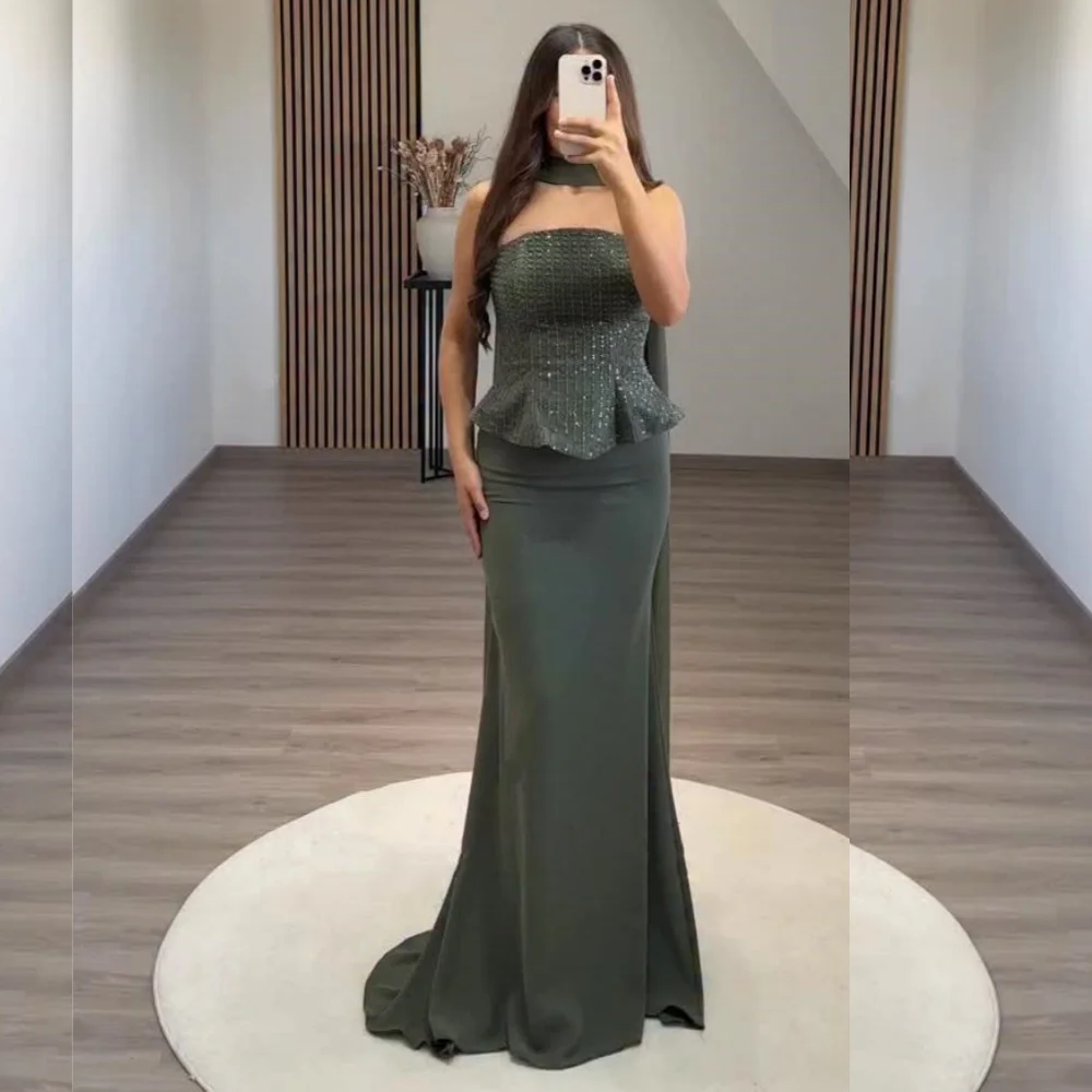 

Customized Jersey Sequined Strapless Mermaid Floor-length Bespoke Occasion Women Luxury Evening Elegant Party Wedding Glitter