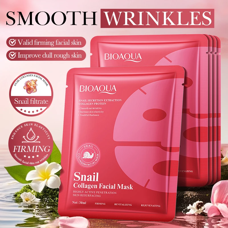 5pcs BIOAQUA Snal Collagen Facial Masks Moisturizing Anti-Wrinkle Whitening Anti-Aging Face Mask Collagen Masks Skin Care