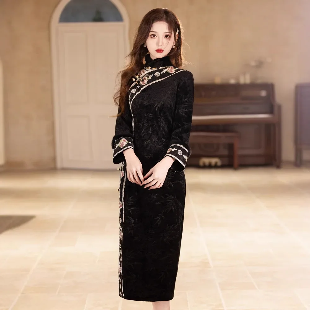 

Yourqipao, черный теплый плюшевый воротник в стиле ретро, китайский Cheongsam, новинка зимы 2023, повседневная одежда, улучшенное Qipao