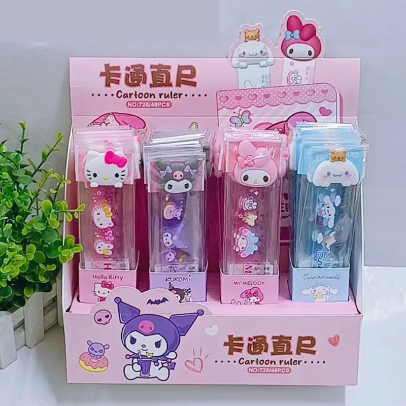 Penggaris alat tulis Sanrio 4 buah gambar kartun lucu Hello Kitty Kuromi My Melody Cinnamoroll 15cm penggaris perlengkapan kantor sekolah pelajar