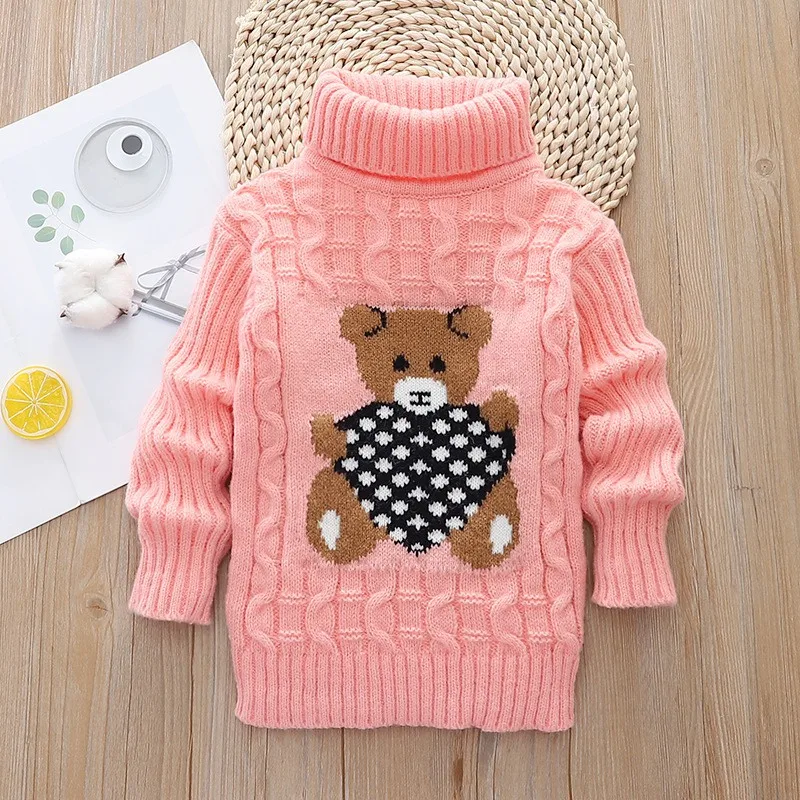 

Autumn Winter Children Sweater Cartoon Bear Knitted Boys Girls Bottoming Shirt Turtleneck Toddler Kids Thicked Kintted Sweater