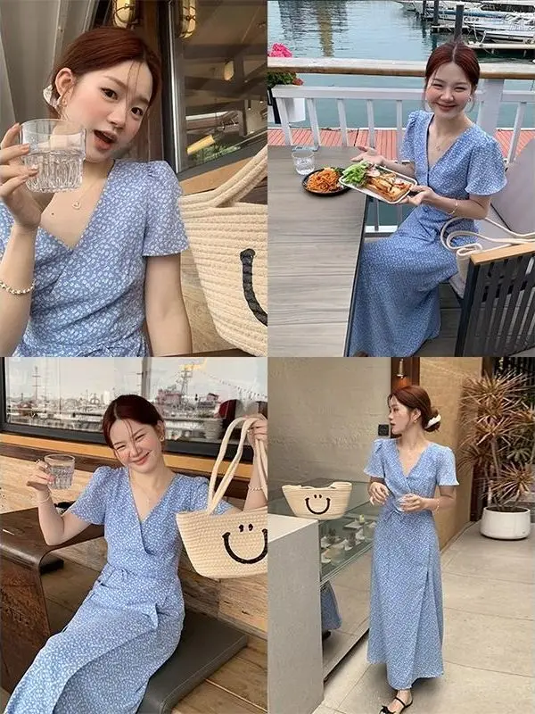 Loose Floral Print V-Ne Midi Dr Women's Summer Casual Sle High Waist A-Line Skirt Polyester Fabric ort Sve Dr