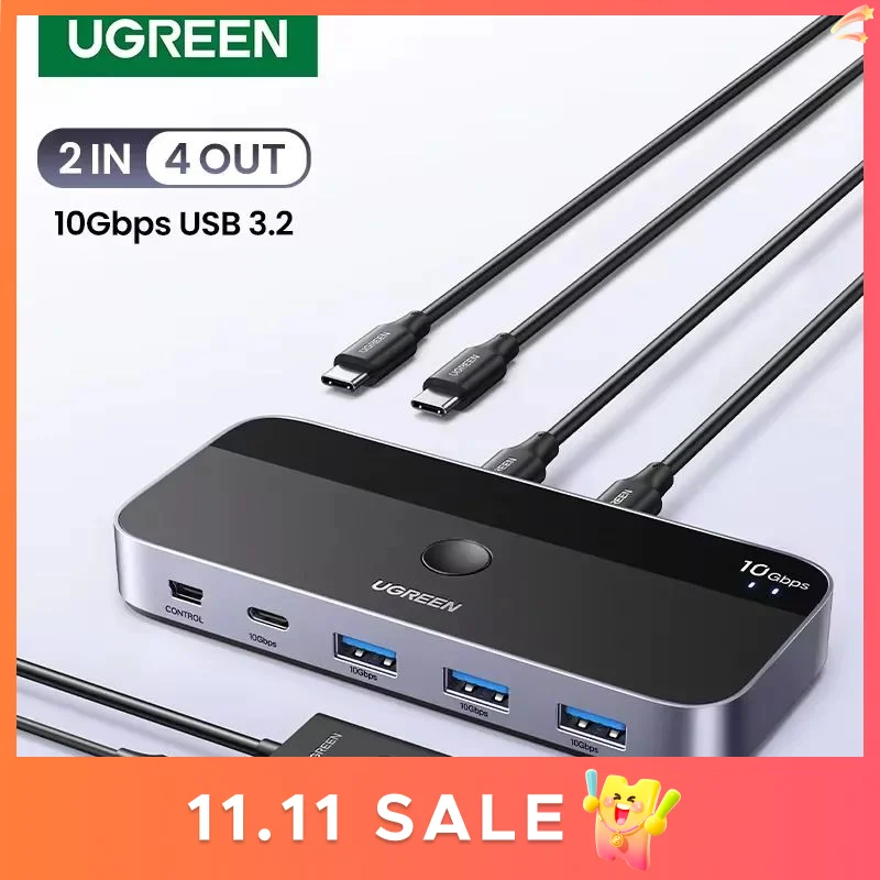 

UGREEN 10 Гбит/с USB C переключатель USB C 3,2 переключатель для ПК клавиатуры, мыши, принтера и сканера 2 шт. совместное использование 4 устройств USB переключатель