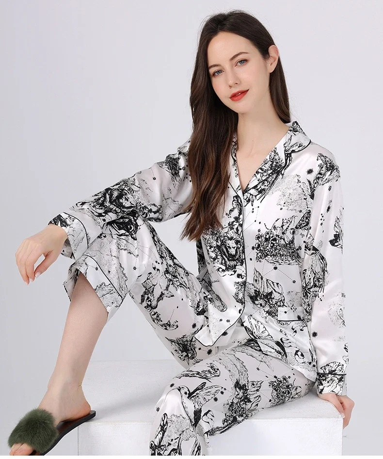 19MM 100% Mulberry Silk Long Sleeve Printed Pajamas Suit Spring Autumn Women Lapel Cardigan Home Wear Two Piece Pajaa Loungewear