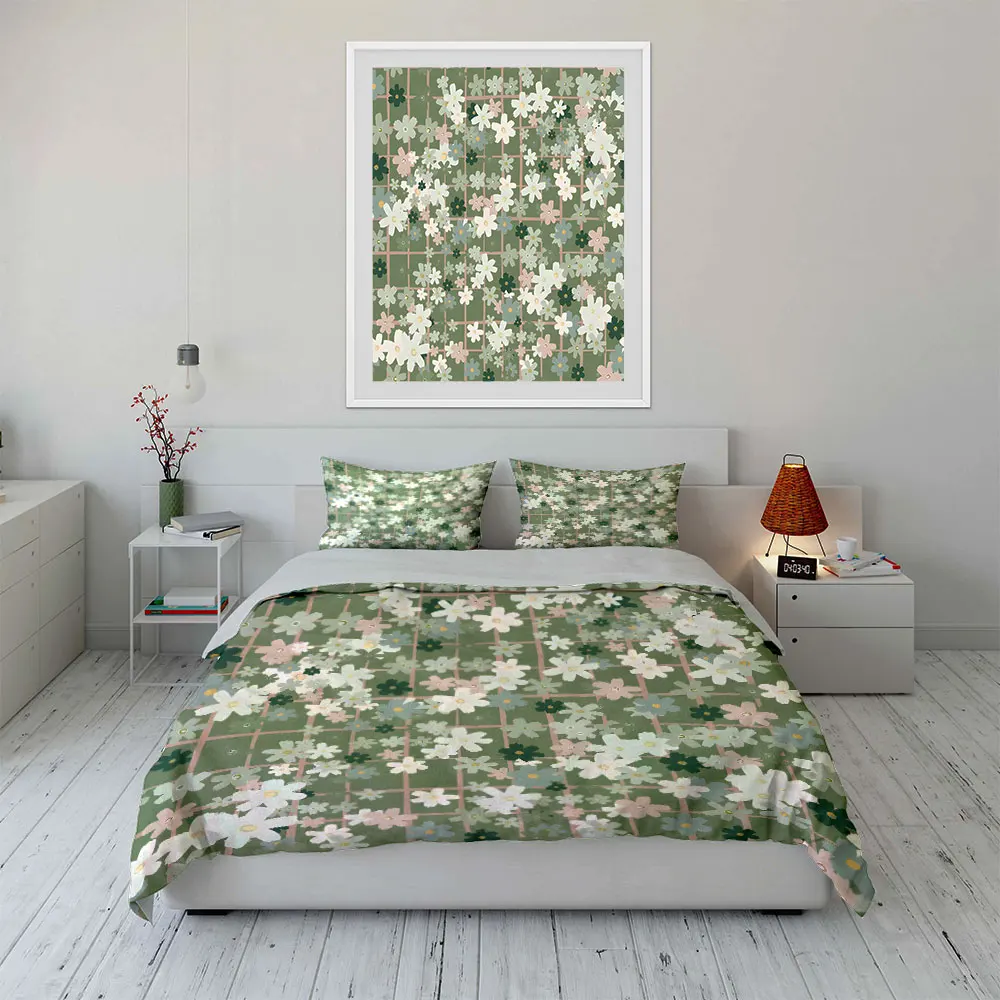 Flowers with green grid backdrop Bedding Set for Kids Luxury Gift 3pcs Digital Print Comforter Set Soft Comfortable Breathable