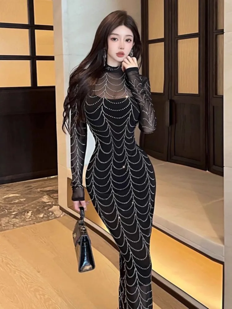 Topenomi Sexy Mesh Diamonds Night Evening Dresses Women Long Sleeve High Waist Slim Fit Floor Length Banquet Party Vestidos 2024