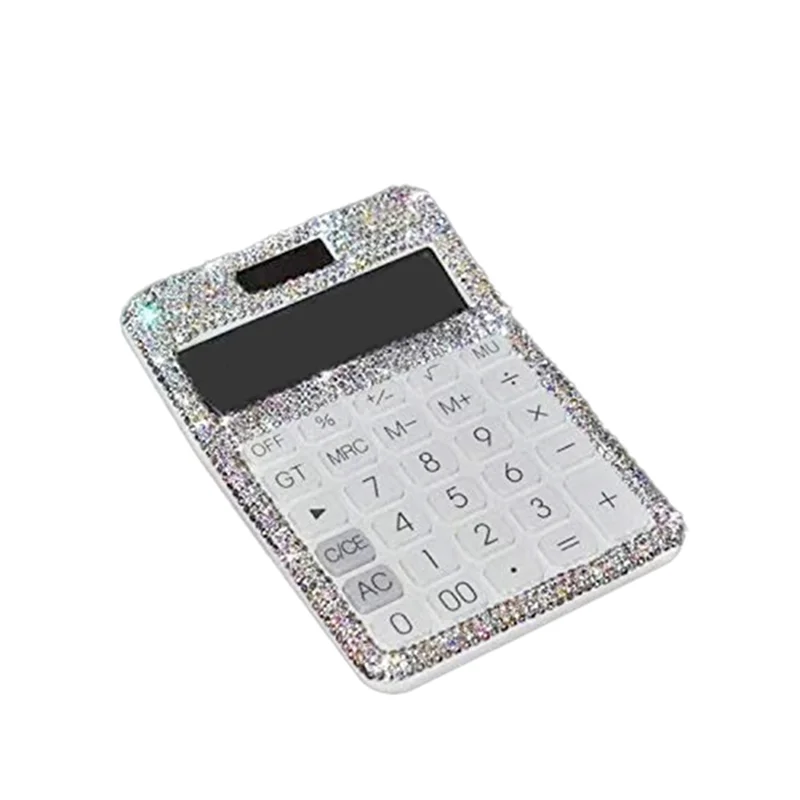 Venda quente strass cristal deslumbrante 12 dígitos solar e bateria dupla energia, calculadora de exibição lcd para escritório, escola branco