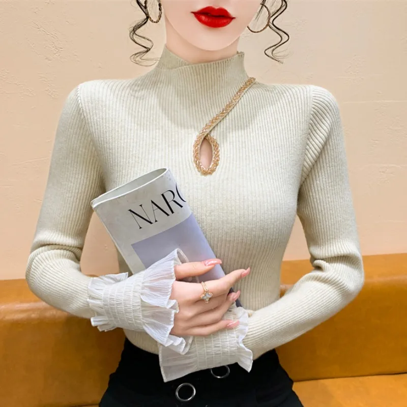 

Женский вязаный свитер Ele с высоким воротом и вырезами, осенне-зимний, приталенный, базовый слой, корейский стиль, для повседневной носки