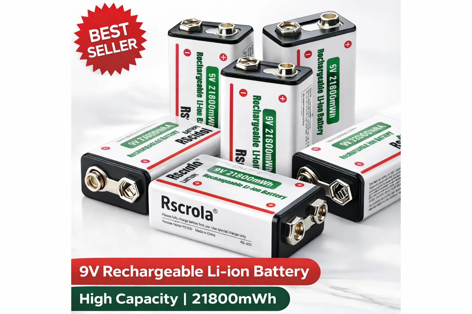 Rechargeable Li-ion High Capacity Battery, 1200+ Cycles, Constant Output for 9V Devices