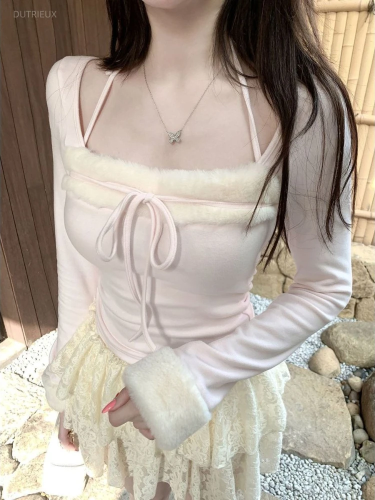 New Sweet Spliced Fur Halter Square Collar Long Sleeve Casual Shirt Korean Spice Girl Bow Design Slim Tops Harajuku Punk Clothes