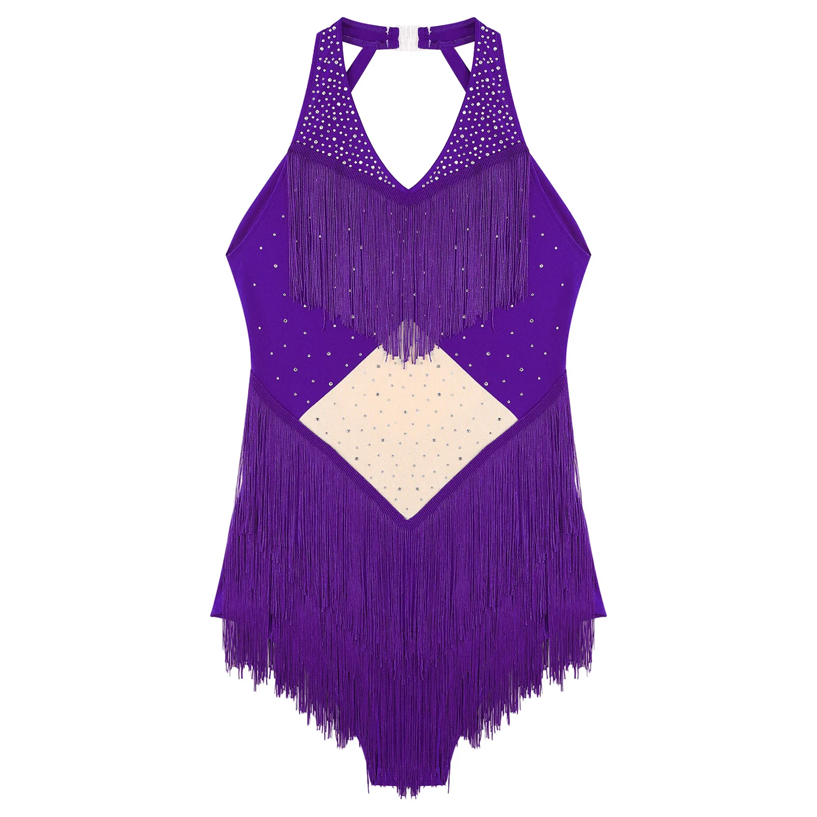Womens Salsa Latin Dance Leotard Performance Costume Halter V-neck Backless Shiny Rhinestones Fringe Training Stage Costume