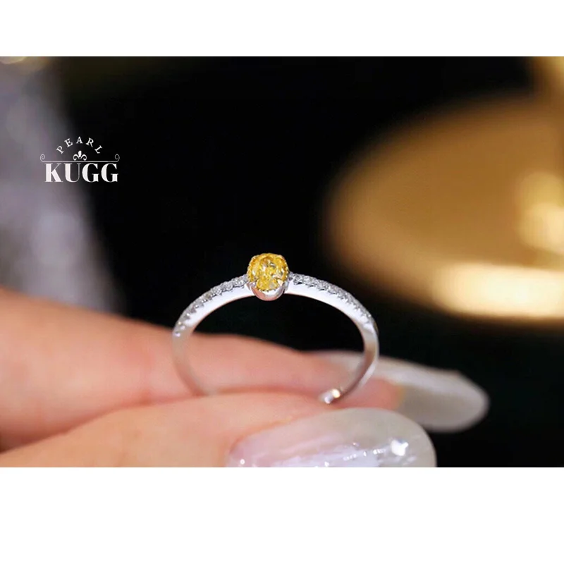 KUGG 100% 18K White Gold Rings Fashion INS Style Real Natural Yellow Diamond Engagement Ring for Women High Wedding Jewelry