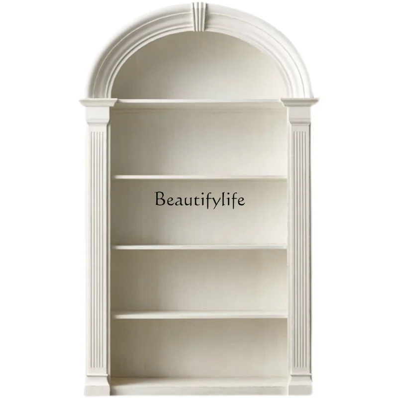 American-Style Warm White Solid Wood Bookcase French Semicircle Arch Multi-Functional Storage Display Cabinet