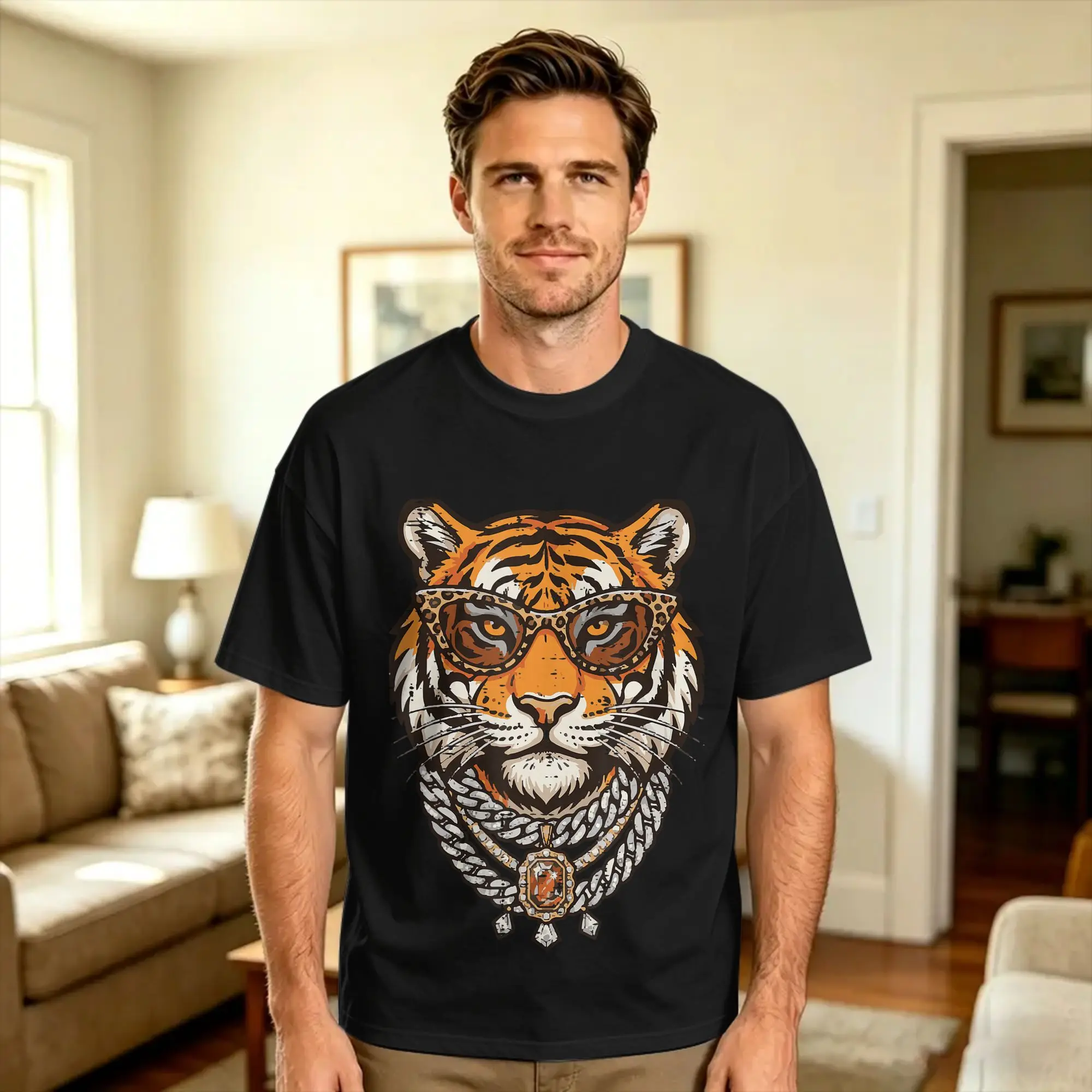 Oversized T-Shirt Tiger Glam Cotton T-Shirts  Hipster Tee Shirt for Men Summer Y2K Casual Casual Short Sleeve Top Tees