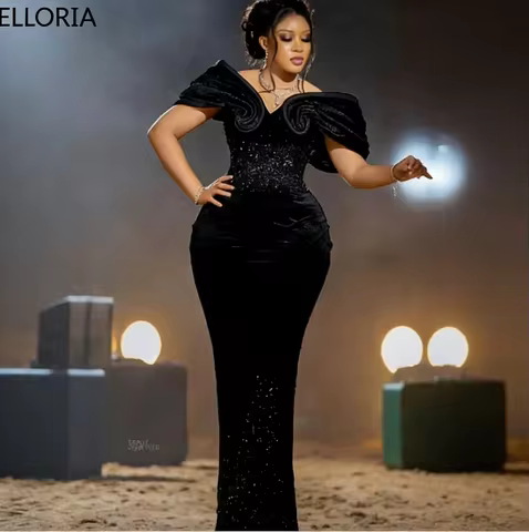 Black Shiny Plus Size Prom Dress Off-Shoulder Velvet Sculpted Ruffled Gown Elegant Mermaid Evening Dress with Train Customized