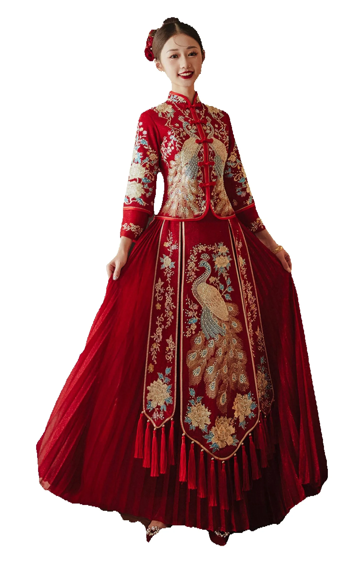 

Свадебное платье для тостов невесты, традиционное платье Cheongsam для большого моря, китайское красное плиссированное платье Xiuhe с павлином, восточная свадебная одежда