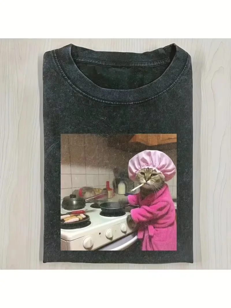 Cooles, lustiges, stilvolles Katzen-Grafik-T-Shirt für den Alltag, Unisex Retro-Washed Rundhals-Freizeit-Kurzarm-Streetwear-Oberteil – Detail 3