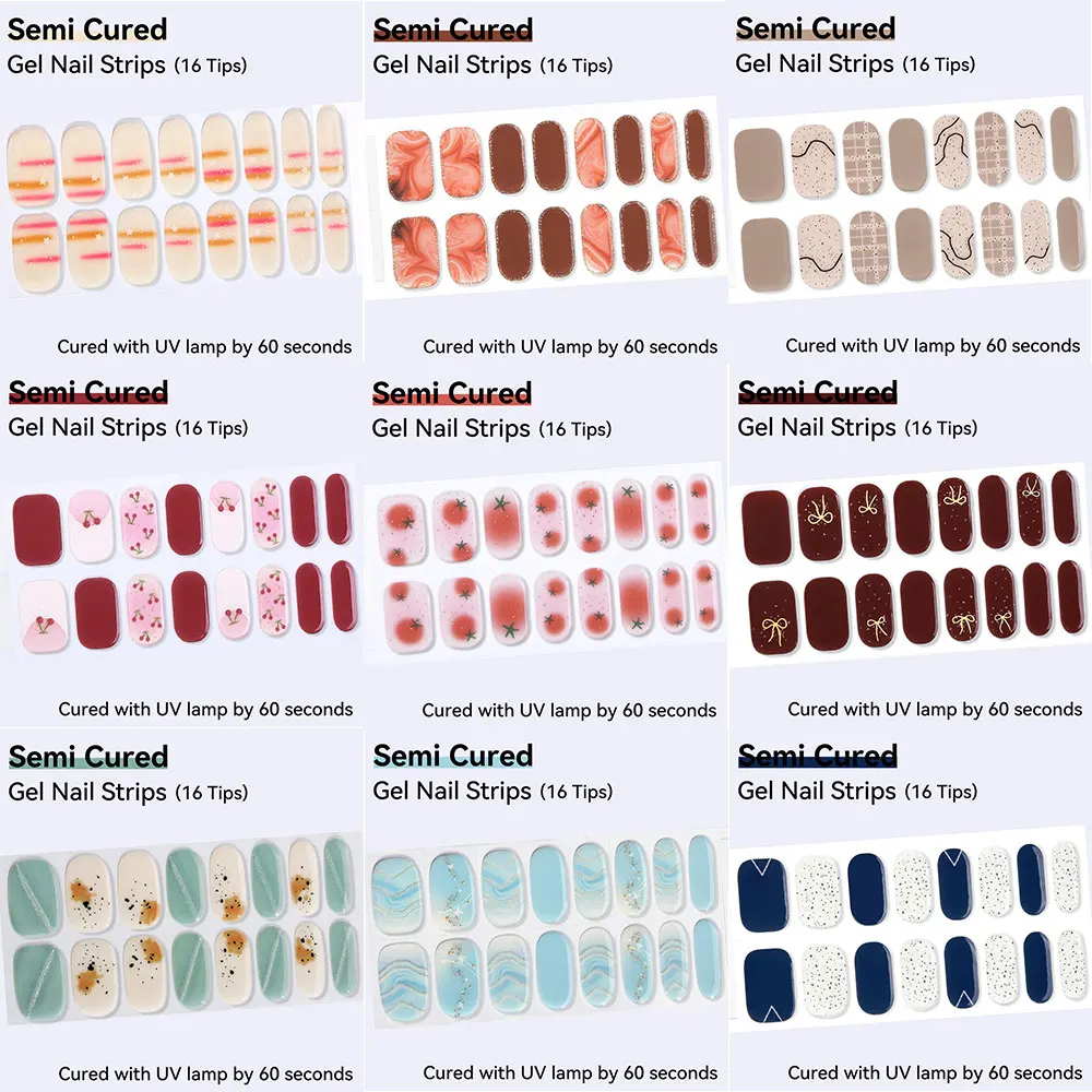 16Tips Semi-Cured Gel Nail Sticker Colorful French Glitter UV/LED Lamp Gel Nail Polish Wraps Full Cover Gel Sticker Nail Decor