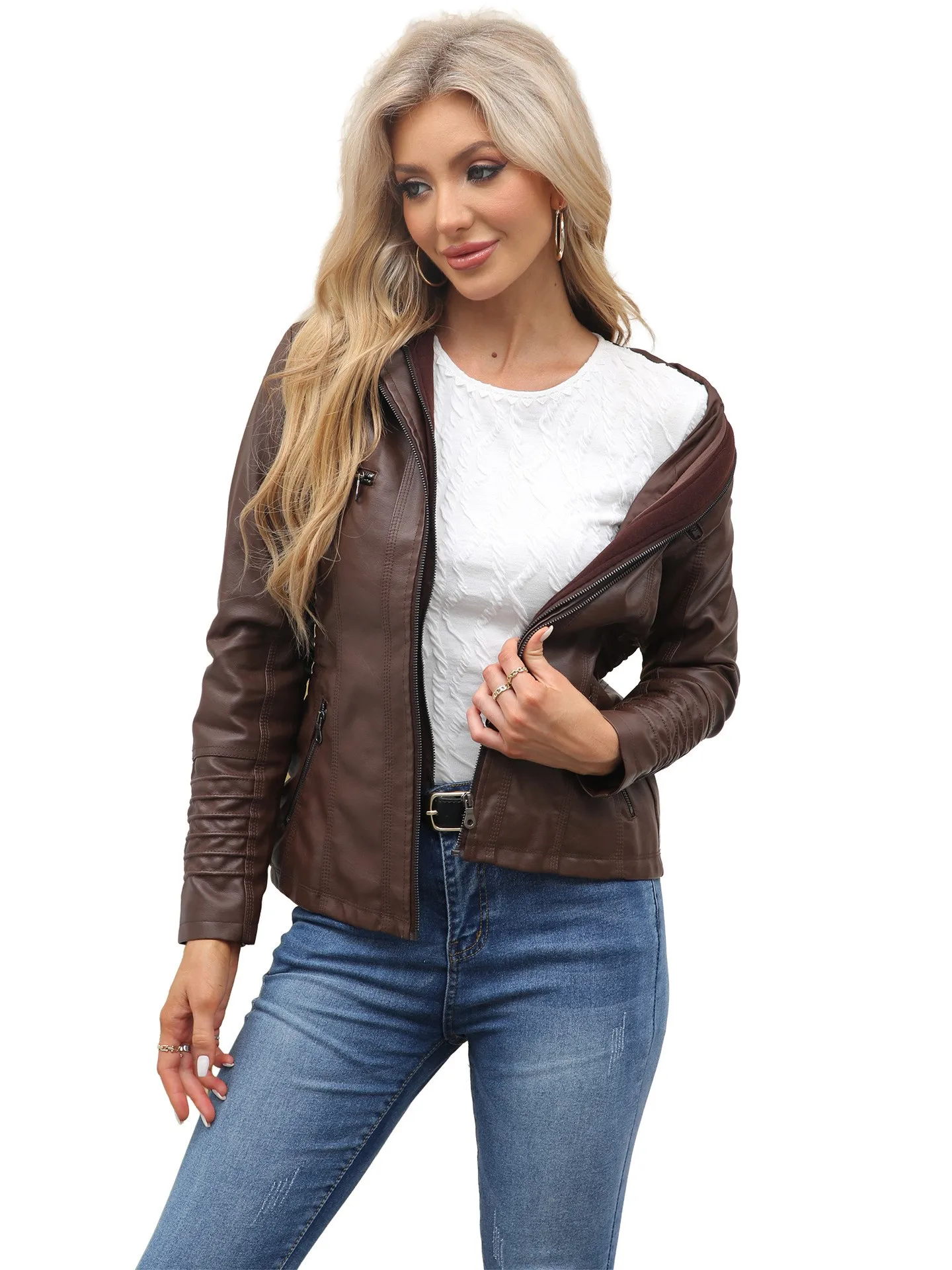 Spring Women's Clothing Hooded Detachable Two Piece Leather Jacket For Women PU Washed Moto Biker Zipper Outerwear Regular Fit