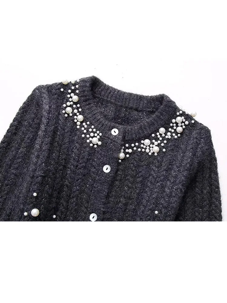 HH TRAF Female Fashion Cropped Cardigan Faux Pearl Decoration Women Spring Vintage O-neck Knitted Sweater Elegant Outerwear