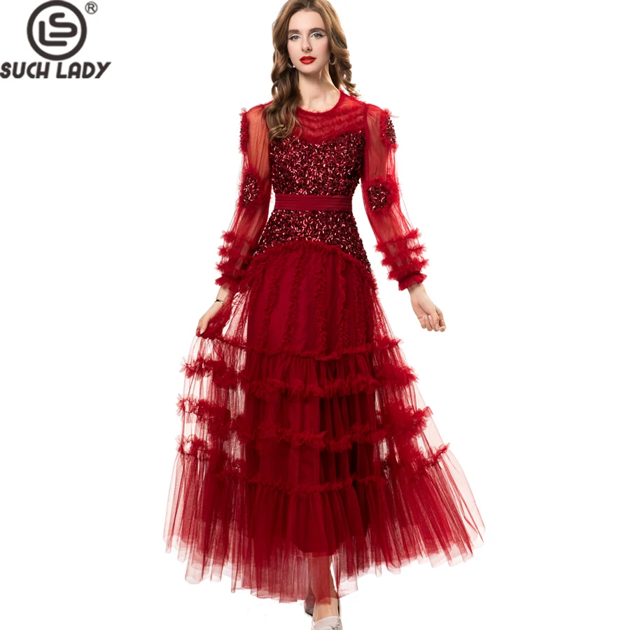 ชุดสตรี O คอแขนยาว Appliques Tiered Ruffles Sequined Elegant Designer ชุดราตรีชุดราตรี