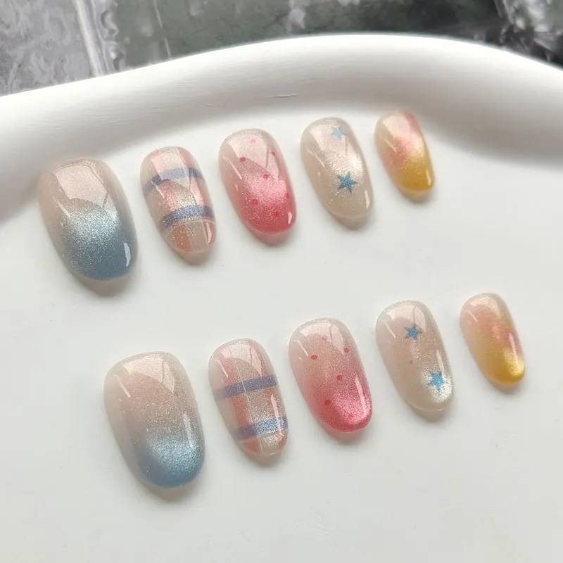 10 Stück Bunte Karierte Stern-Ösen Fein Glitzernde Ösen Mandel-Design Hochwertige Aufklebbare Nägel Maniküre-Aufkleber Press-on-Nägel – Detail 11