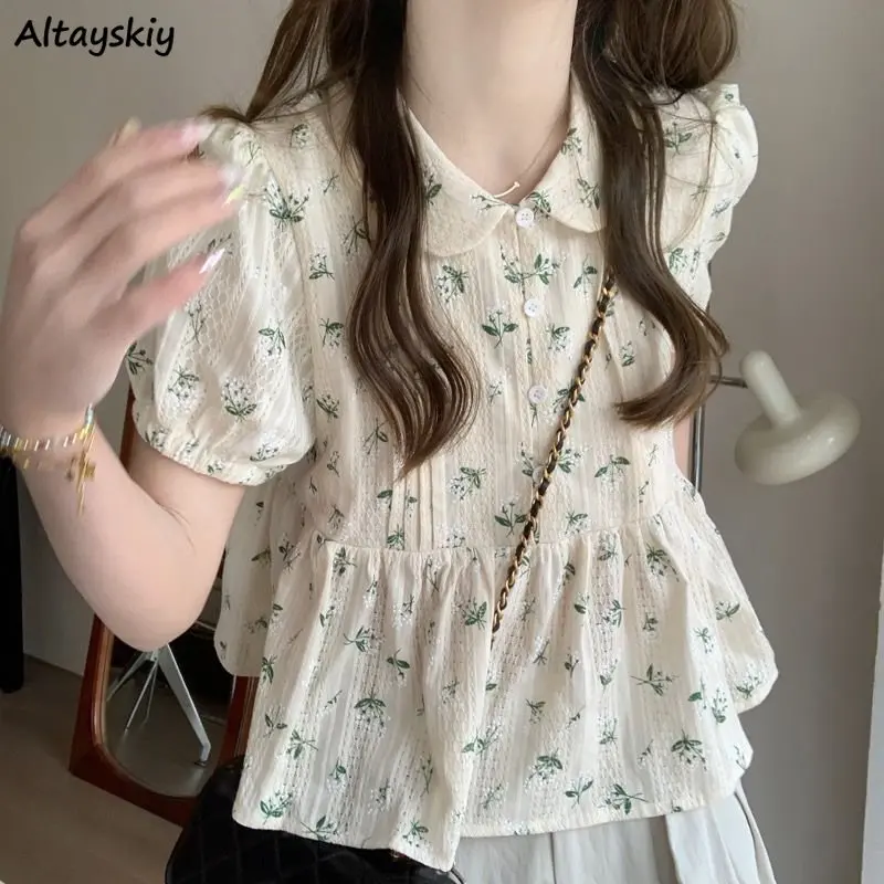 Kwiatowe bluzki z kołnierzykiem Piotruś Pan Kobiety Luźne Urocze Fałdy Vintage Lato Casual French Style Temperament Young College Prevalent