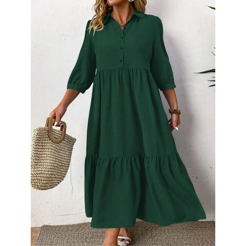 Sukienka codzienna dla kobiet plus size z rękawami do połowy ramienia, plisowana z przodu, zapinana na guziki, modna sukienka do noszenia na co dzień dla kobiet.