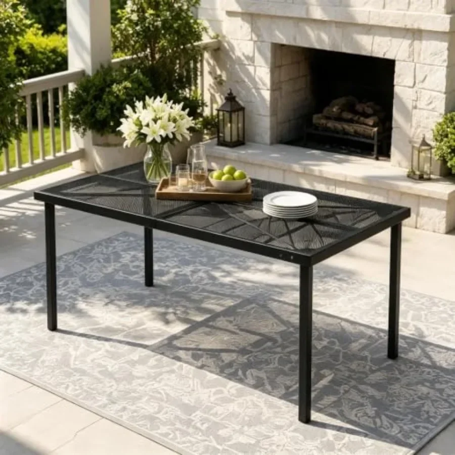 Outdoor dining table for garden, backyard deck; metal mesh; black; 59 rectangle with umbrella hole, seats 6 people