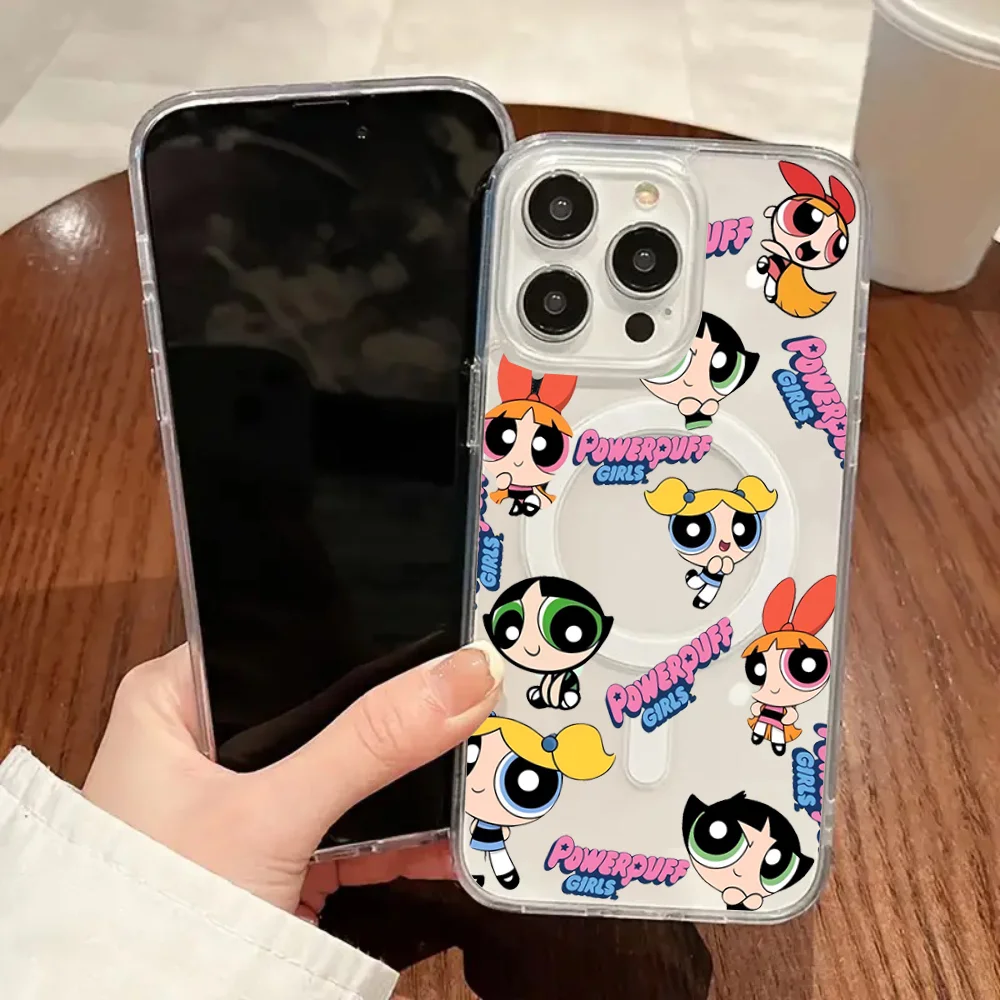 

Cute Cartoon Powerpuffs Girls Phone Case Magnetic For IPhone 16 14 13 11 12 15 Pro Max X XR XS Plus SE Soft Clear Tpu Cover
