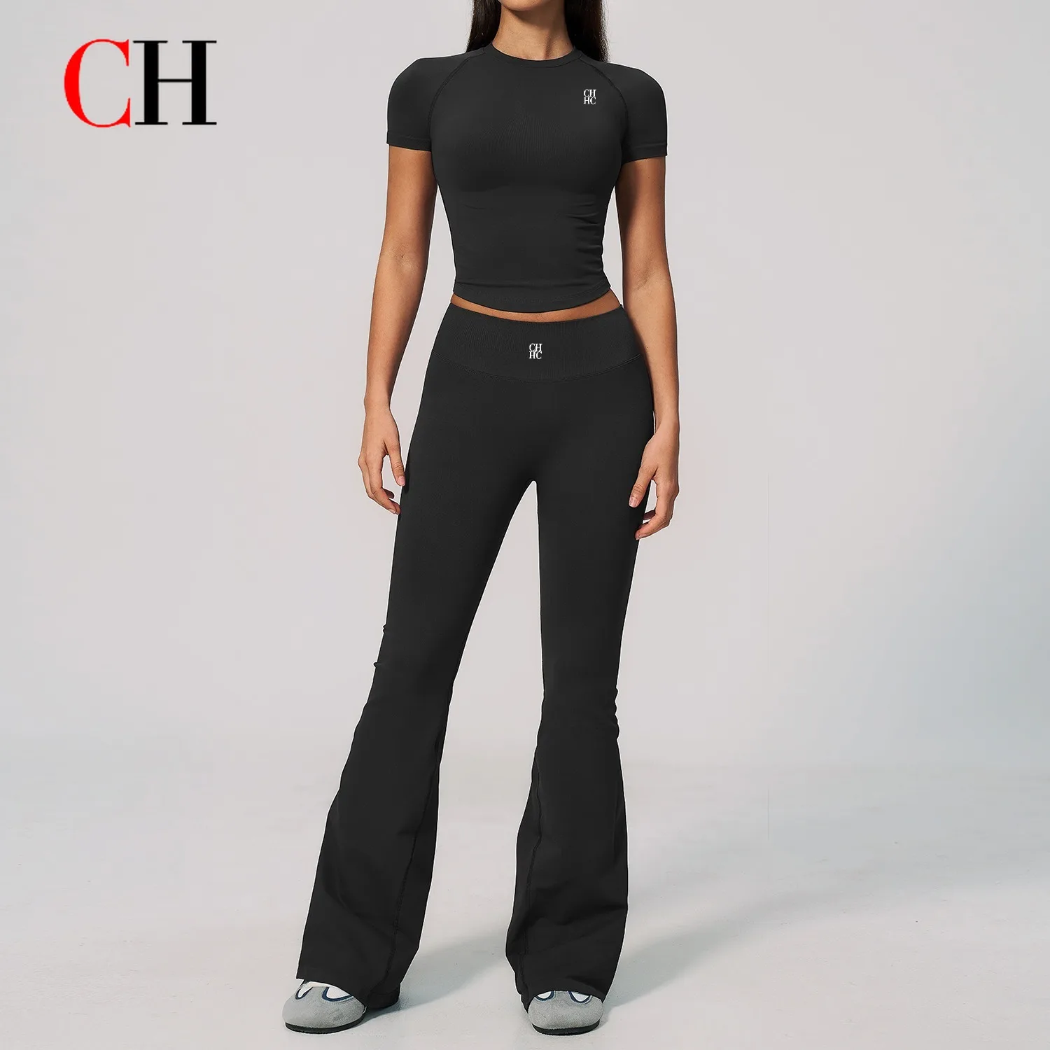 CH New Women's Fitness Set Tight High Elastic Quick-dry Sports Yoga Outfit Two-piece Set With Wide-leg Pants