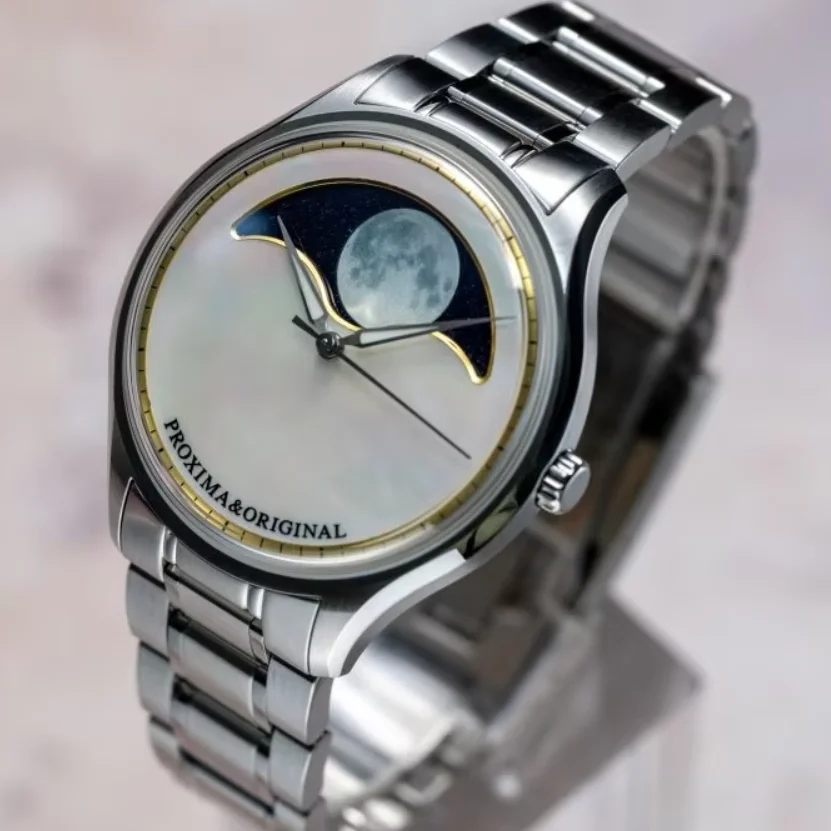 Proxima Men Automatic Watch 41.5mm Moonphase Mechanical Wristwatch Waterproof Luminous MOP Dial Sapphire Mirror SW200+PR174 Mov