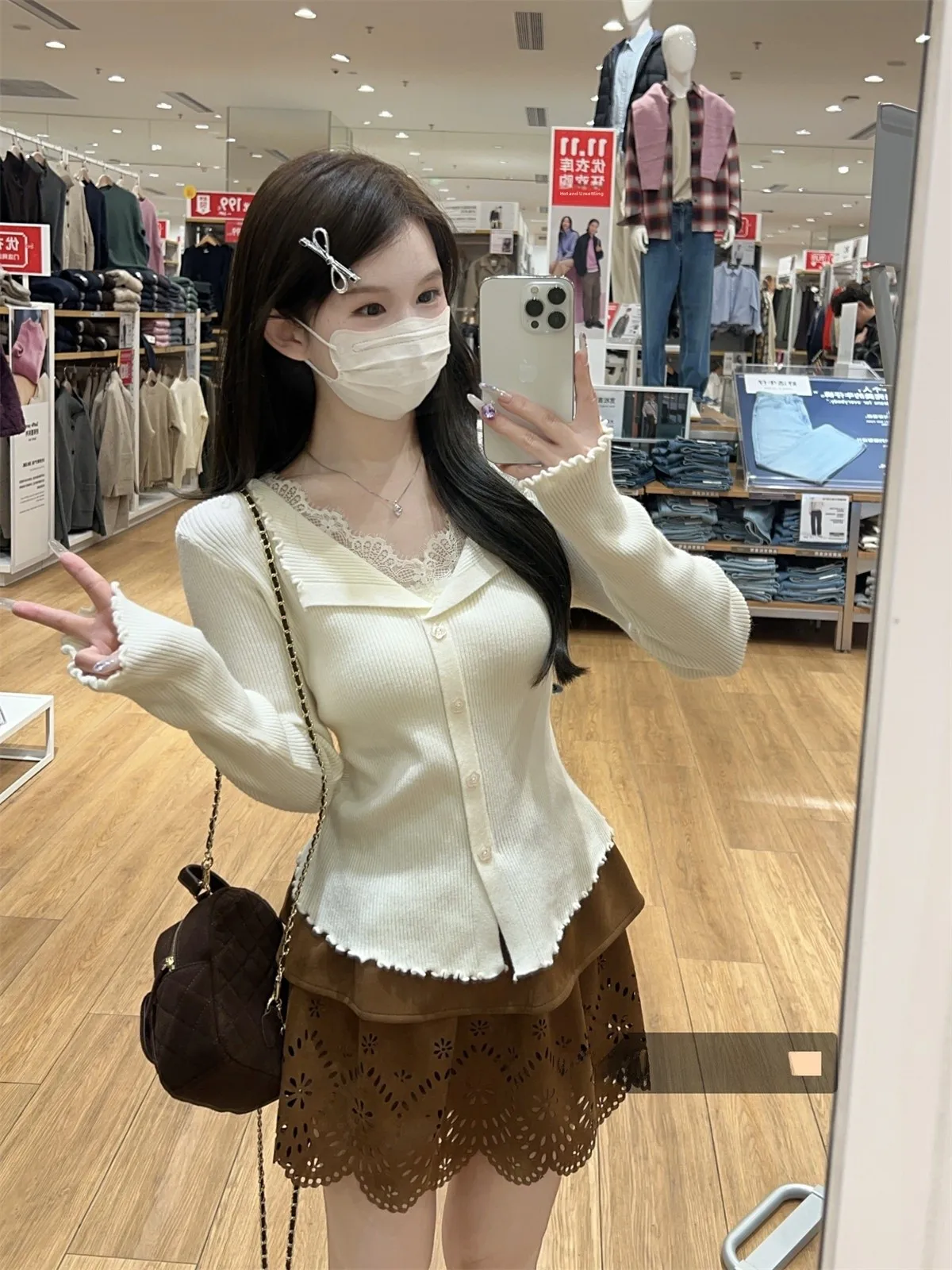 

Faionable V-Ne Lace Splice Вязаная основа irt Женский зимний свитер для похудения Высококачественный модный топ Французский облегающий крой