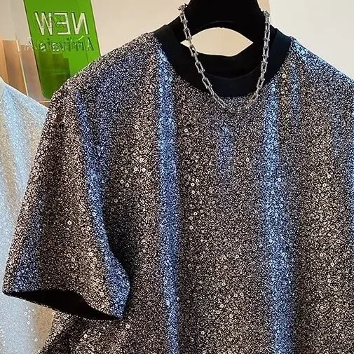 Sequin T-shirt Men's Chic Shirt Shiny Short Sleeve Shirt O Neck Loose Tee Pullover Men's Party