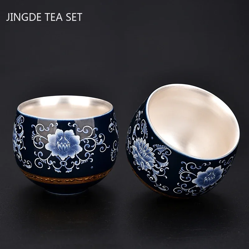 

Blue and White Gilt Silver Teacup Handmade Ceramic Boutique Tea Cup Portable Single Cup Tea Bowl Household Teaware Accessories