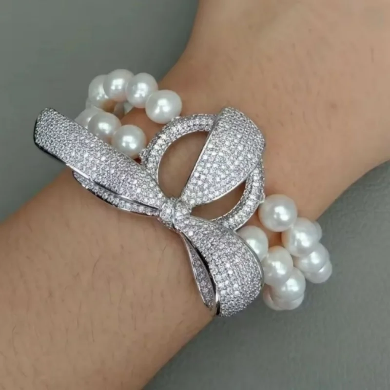 Glossy 2-Row Pearl AAA 8-9mm Natural South Sea Round Bow Inlaid Zircon Bracelet 925s7.5-8 inch