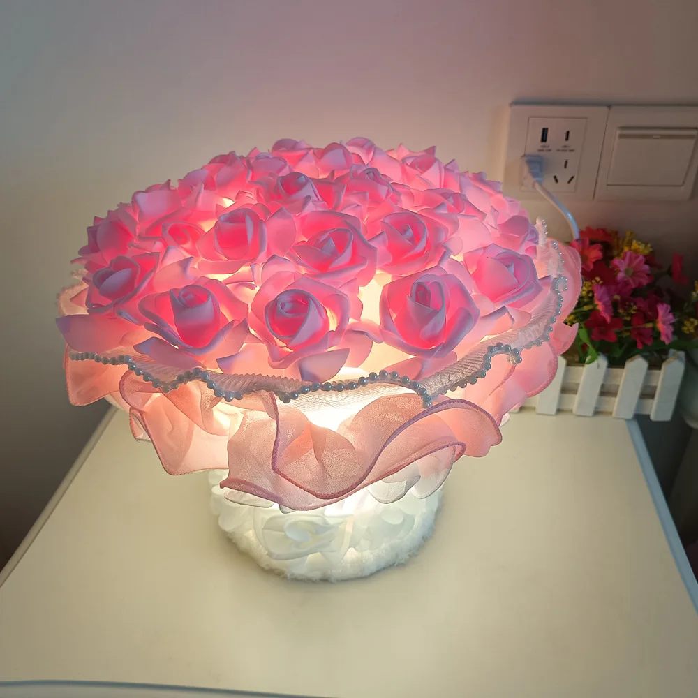 Bela criativa buquê de rosas candeeiro de mesa decoração de casamento quarto luz noturna de cabeceira