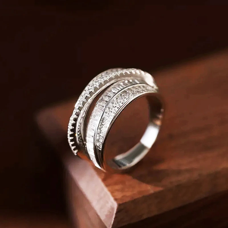 Huitan Multi-layers Cross Rings Full with Crystal CZ Sparkling Women Rings for Wedding Party Silver Color Modern Fashion Jewelry