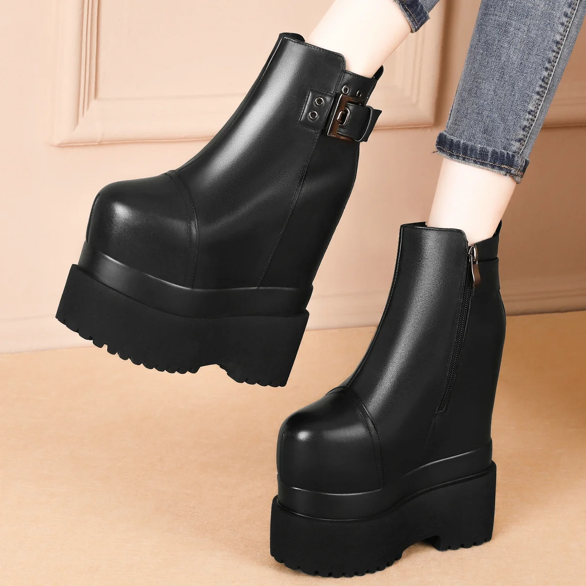 

16cm High Heel Snow Boots Plus Size Shoes Women Cow Leather Wedges Platform Pumps Female Round Toe Fashion Sneaker Big Size Shoe