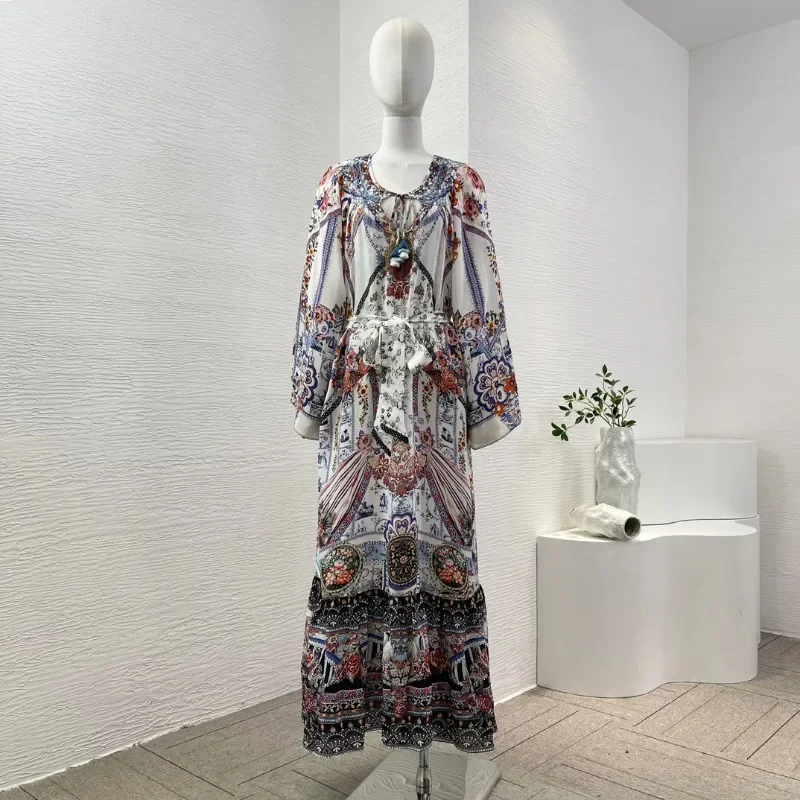 Multicolor Floral Print Long Sleeve Diamonds Midi Dress Long Vintage Elegant Dresses Summer Women Clothing 2024