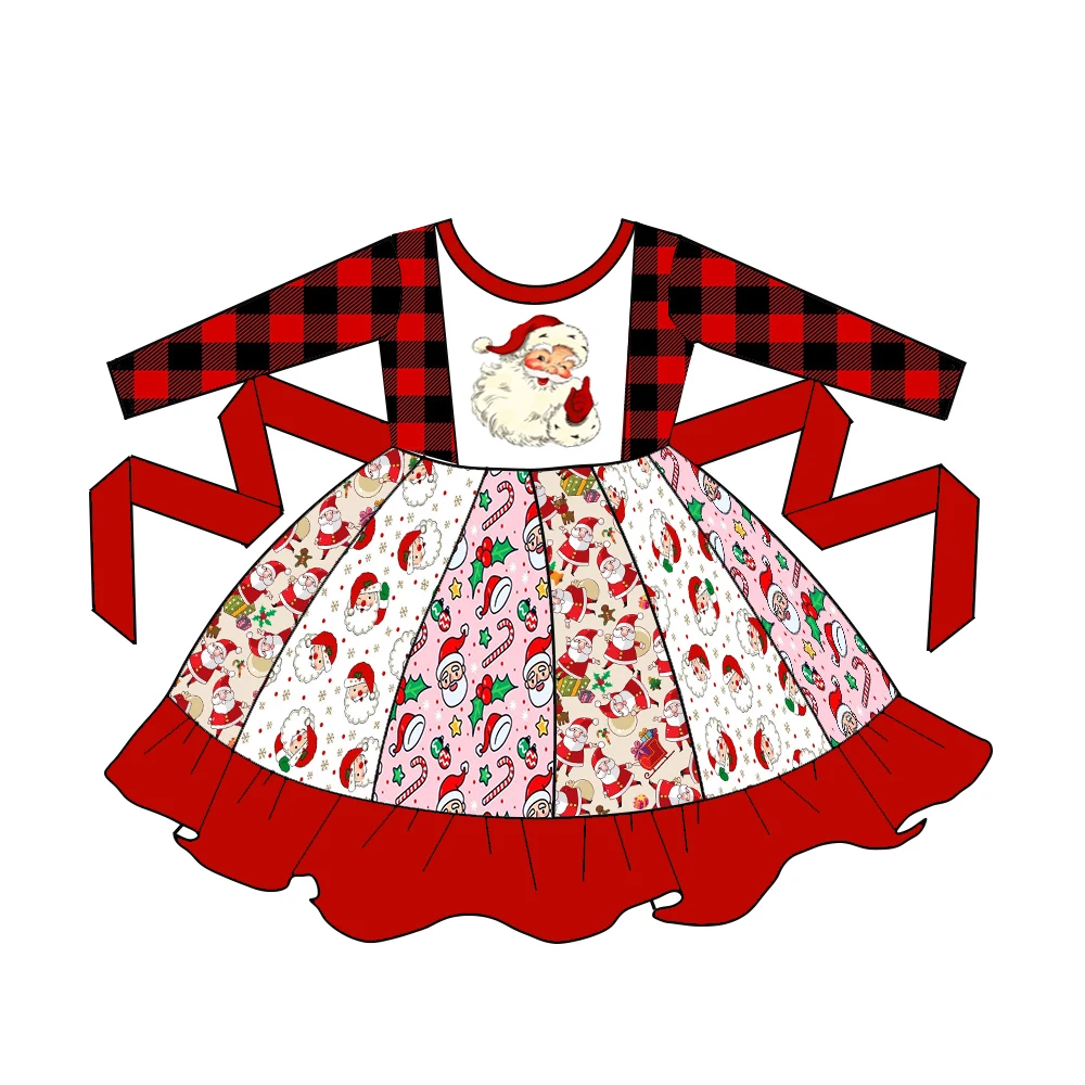 Wholesale Girls Christmas Clothes Fall Girls Santa Claus Dresses Long Sleeves Buffalo Plaid Dresses