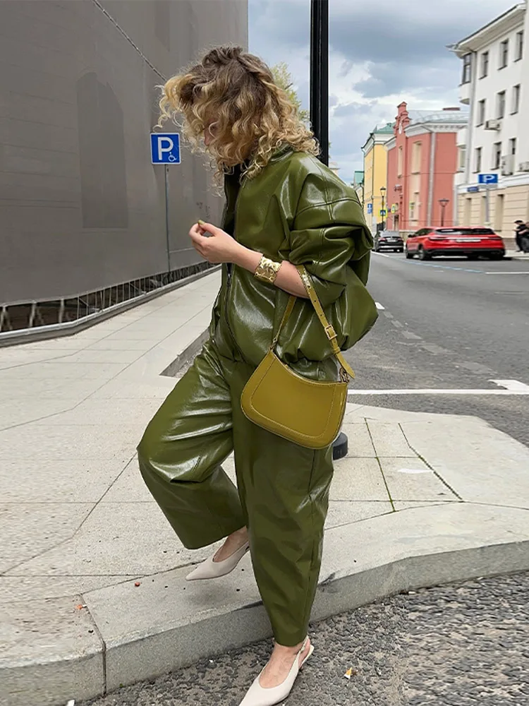 Vintage Damenrock aus Kunstleder, schicker Damenmantel und lange Hose, Y2K-Mode-Kleidungsset, Frühling Sommer 2026 Streetwear