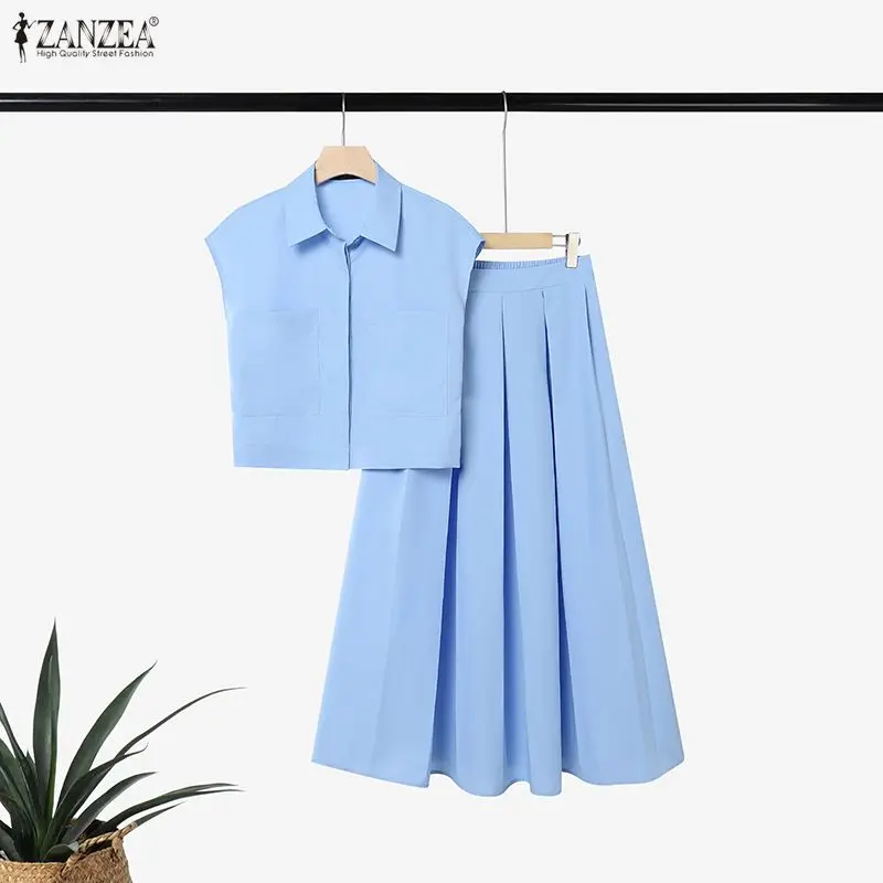 Elegant ZANZEA OL Work Women Dress Sets Solid 2PCS Two-piece Outfits Turn-down Collar Tops Long Skirts Matching Sets Vestidos