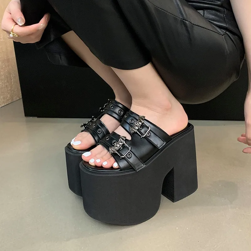 

13cm Chunky Heels Slippers Women Punk Rivet Platforms Sandals Summer Ultra-High Black Heels For Ladies Slippers Femme Footwear