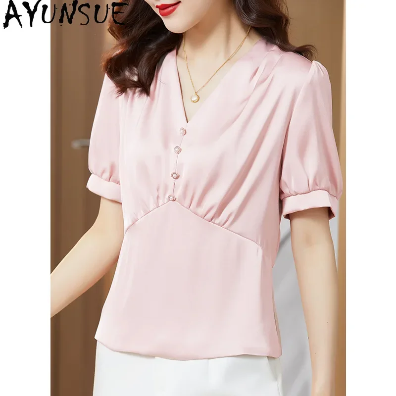 AYUNSUE 100% Real Mulberry Silk T Shirts for Woman Luxury 2024 Casual Tops Summer Women Clothing Essentials Pink Top Camisetas