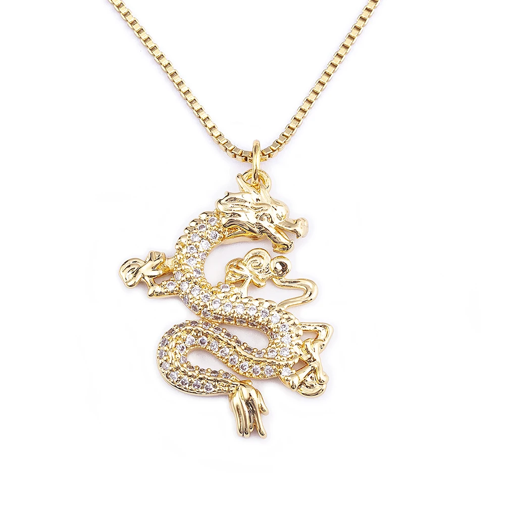 Nidin Mascot Dragon Pendant Jewelry Micro Pave Zircon Necklaces  Women Men Gold Color Long Chain Ornaments Lucky Symbol Gifts