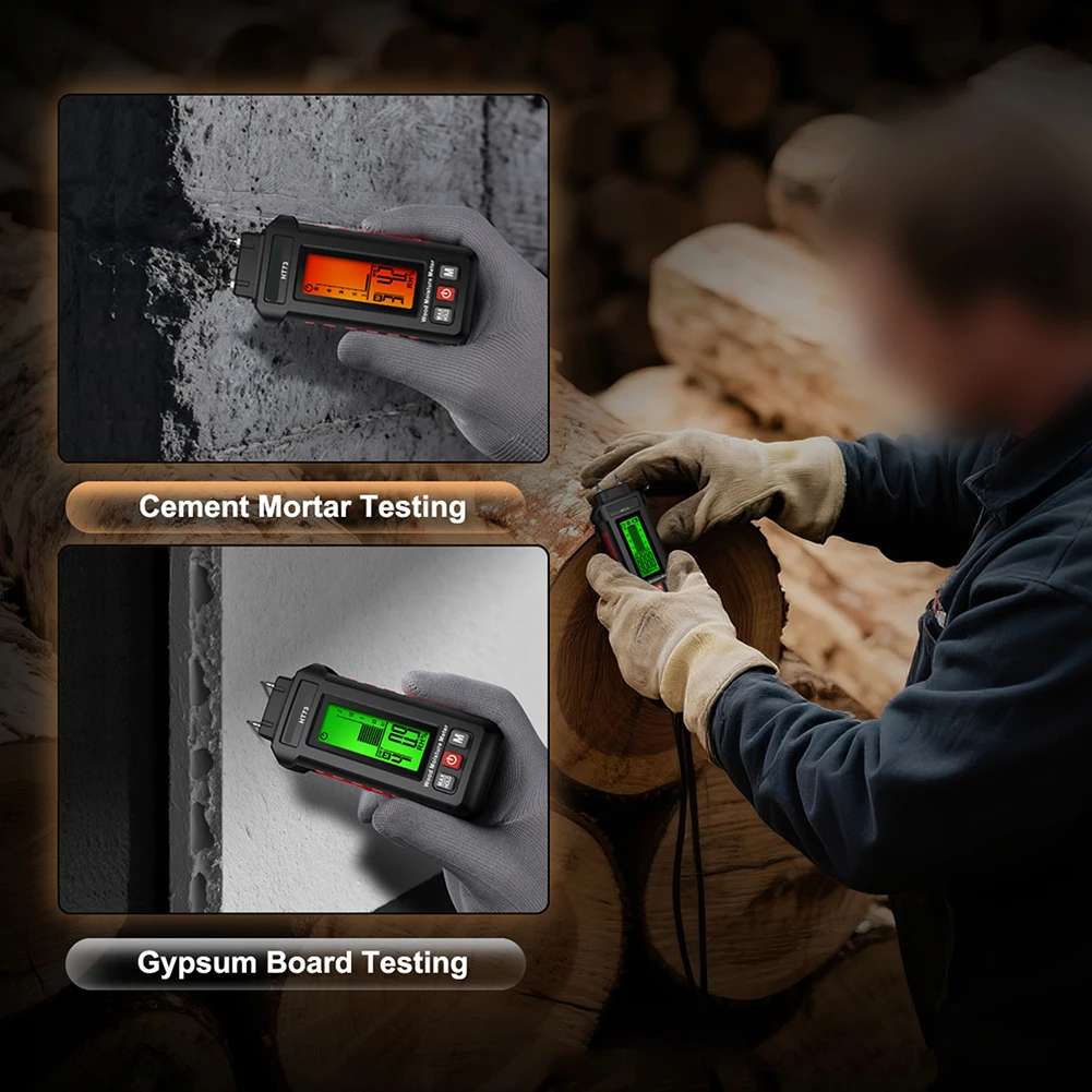 HT73 Wood Moisture Analyzer with Three-Color Backlit LCD Display Green Orange Red Indicators for Low Medium High Humidity Levels