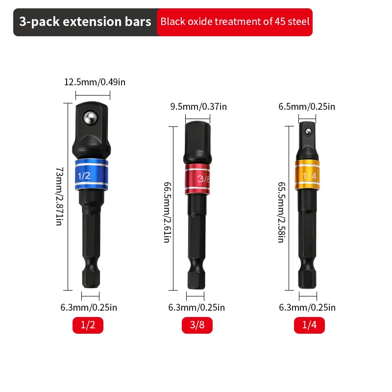 Chroomvanadiumstaal Socket Adapter Hex Shank naar 1/4 "3/8" 1/2 "Verlenging Boren Driver Elektrische boorkoppen