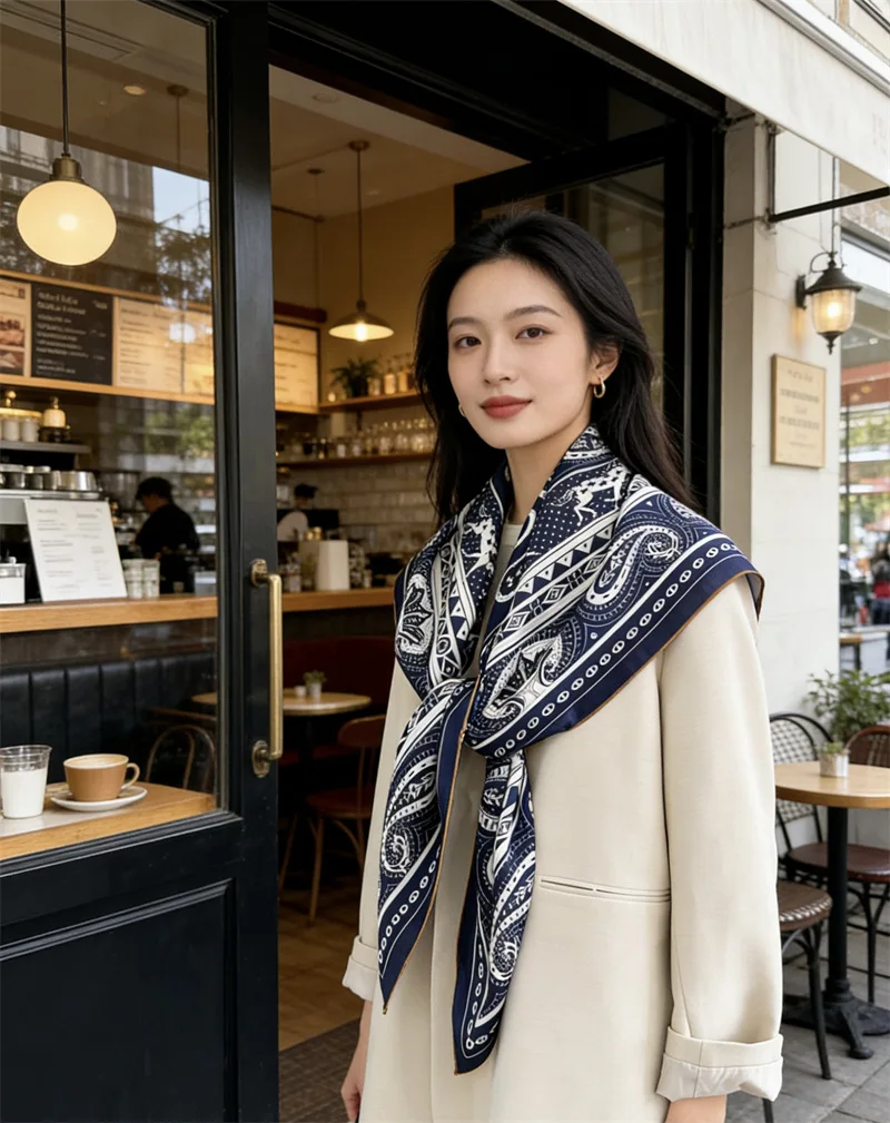 

Blue Silk Scarf 110CM Luxury Rolled Bandanas Square Shawls 110 Hair Neck Belt Scarves Soft Hijab heart