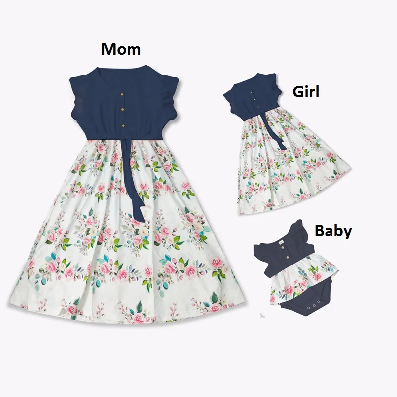 

Ruffled Sleeve Mother and Daughter Dresses Family Set Flower Mommy and Me Clothes Baby Romper Fashion Woman Girls Cotton Dress